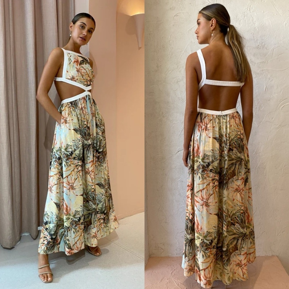 🆕 SIGNIFICANT OTHER Marino Cutout Linen Print Maxi Dress in Painted Floral US 8